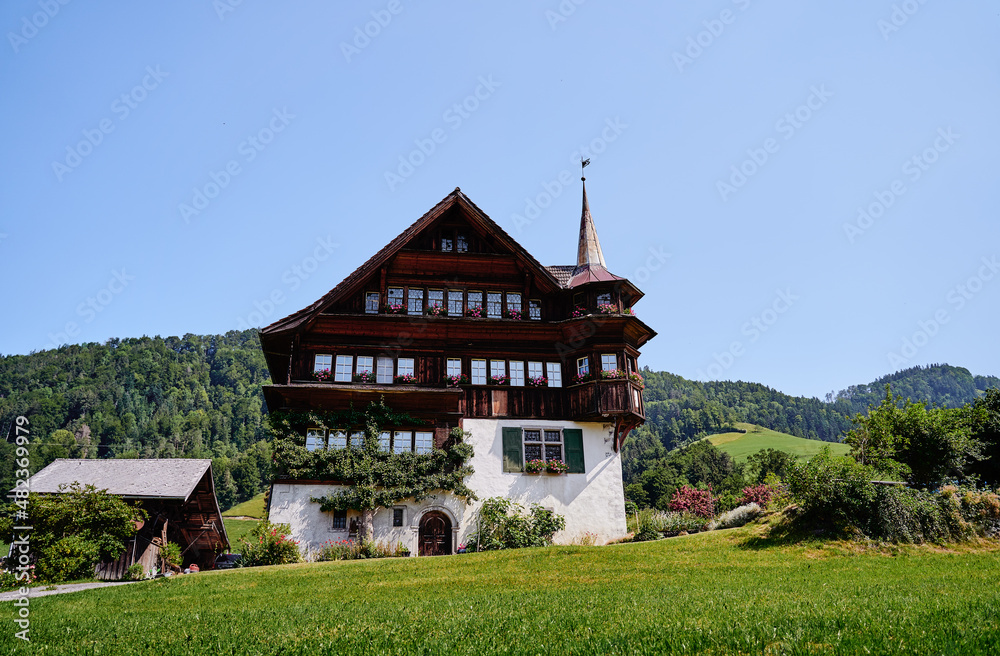 Travel by Switzerland. Swiis architecture. Ancient wooden house. Travel by Switzerland. Swiis architecture. Ancient wooden house.