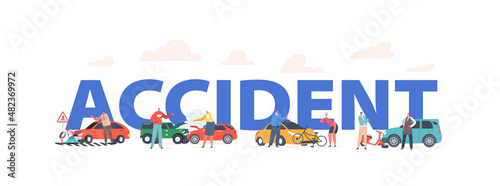 Car Accident with People on Road Concept. Broken Automobiles with Steam, Car Bump into Scooter, Sedan Bump into Bicycle