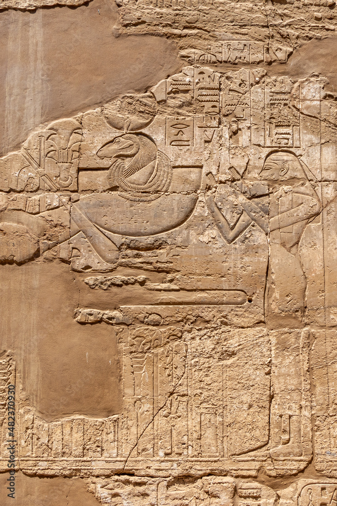 Detail of carved hieroglyphs on the Columns of the Karnak temple of Luxor, Egypt