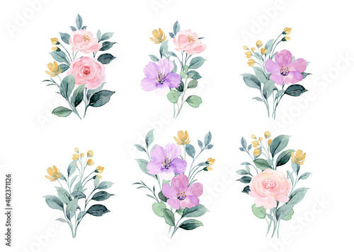 Set colorful watercolor floral bouquet