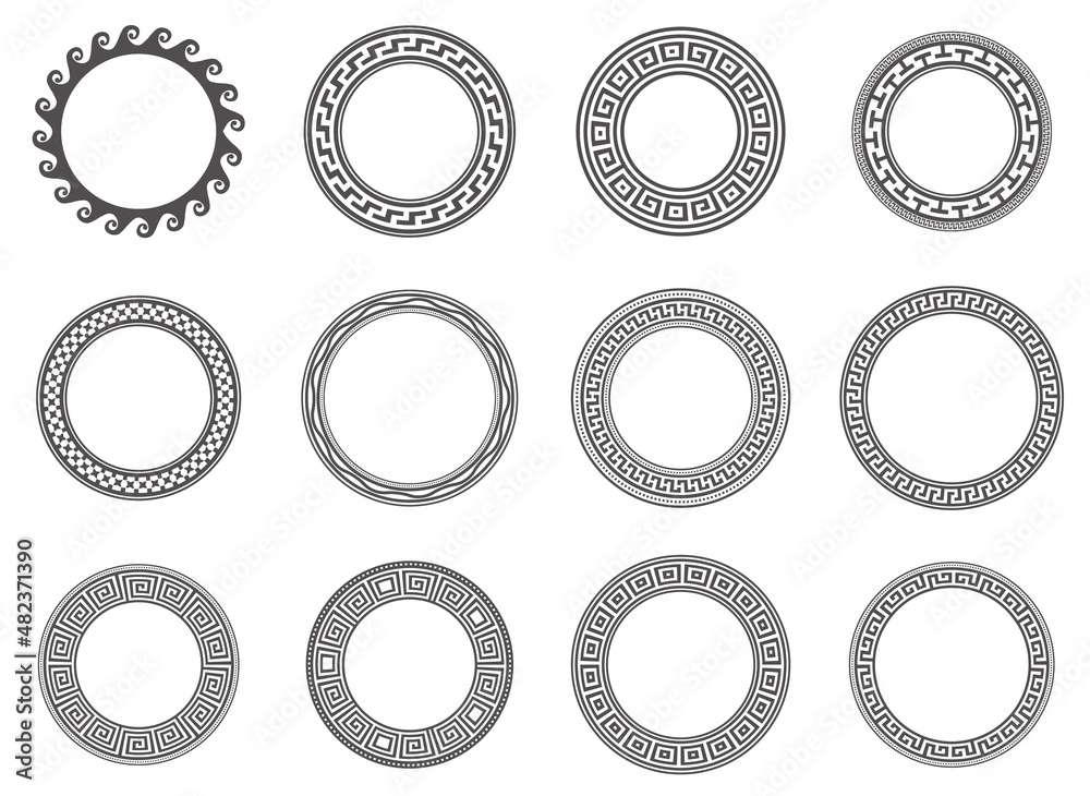 Circle greek frames. Round meander borders. Decoration elements patterns. Vector illustration isolated on white background.
