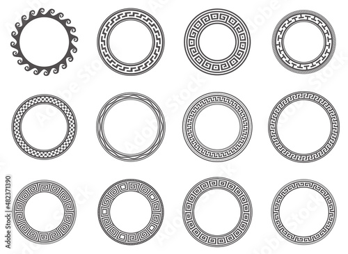 Circle greek frames. Round meander borders. Decoration elements patterns. Vector illustration isolated on white background.