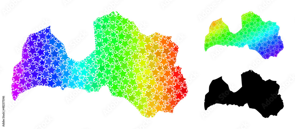 Spectral gradiented star mosaic map of Latvia. Vector colored map of Latvia with spectral gradients. Mosaic map of Latvia collage is organized with randomized color star parts.