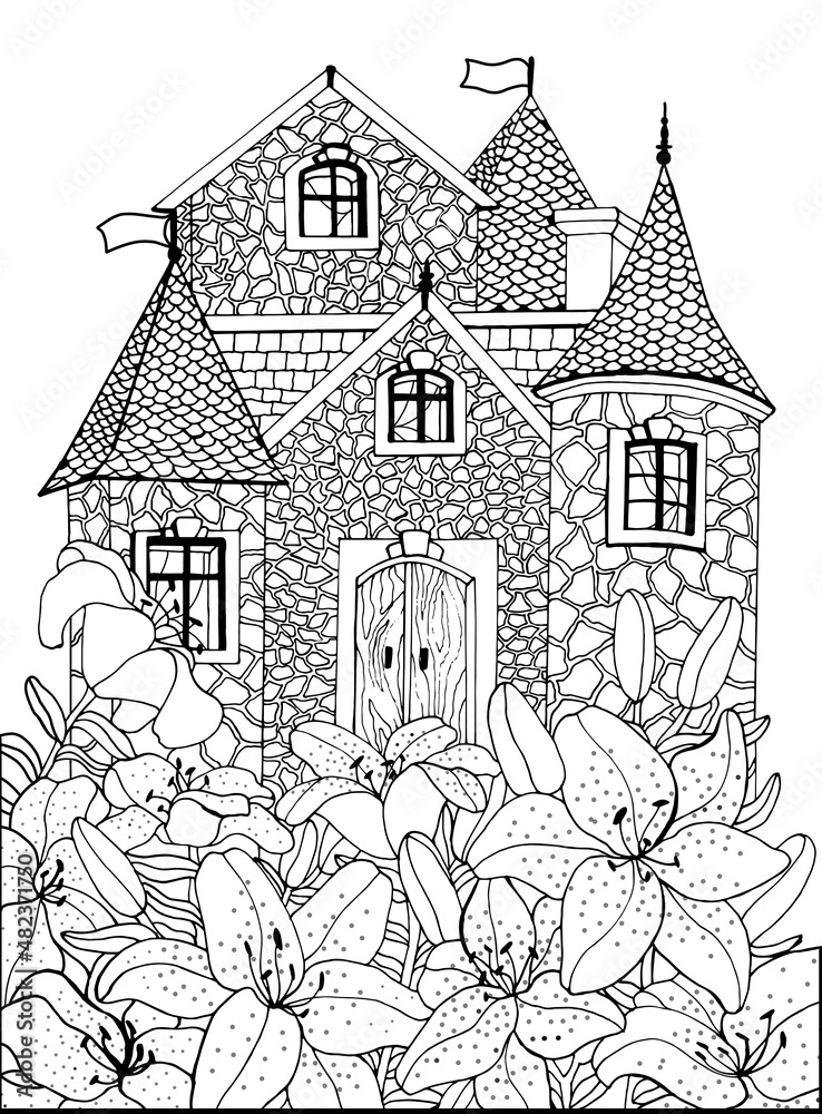 Сoloring book for adults and children with a medieval castle and lily