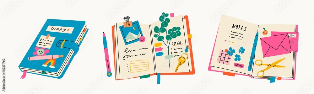 Notebooks, Organizers for to do lists, personal plans, goals. Diary with stick notes, bookmarks, stickers, envelope, pencil, pen, scissors. Set of three isolated Hand drawn modern Vector illustrations Notebooks, Organizers for to do lists, personal plans, goals. Diary with stick notes, bookmarks, stickers, envelope, pencil, pen, scissors. Set of three isolated Hand drawn modern Vector illustrations