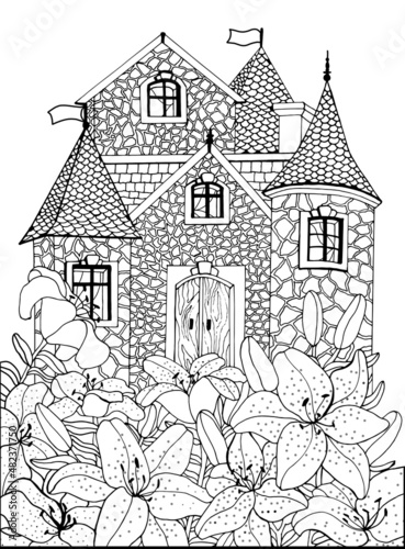 Сoloring book for adults and children with a medieval castle and lily