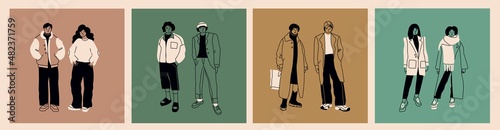 Street fashion look. Young men and women dressed in stylish trendy oversized clothing. Couples standing in various poses. Korean japanese asian cartoon style. Hand drawn square Vector illustrations
