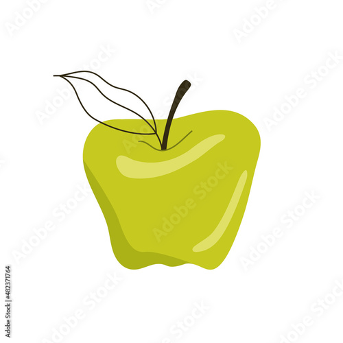 Apple vector illustration with outline leaf. Green isolated apple. Food concept. Simple minimal style