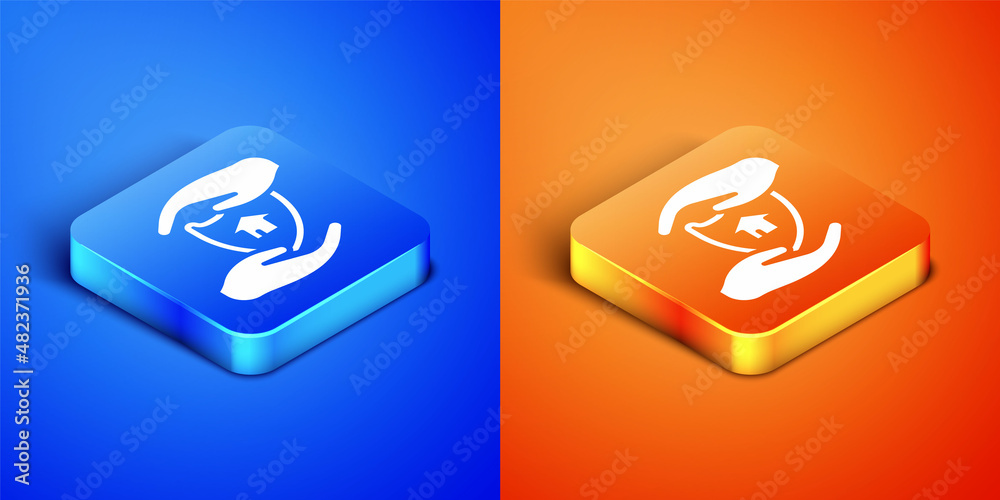 Isometric House with shield icon isolated on blue and orange background. Insurance concept. Security, safety, protection, protect concept. Square button. Vector Isometric House with shield icon isolated on blue and orange background. Insurance concept. Security, safety, protection, protect concept. Square button. Vector
