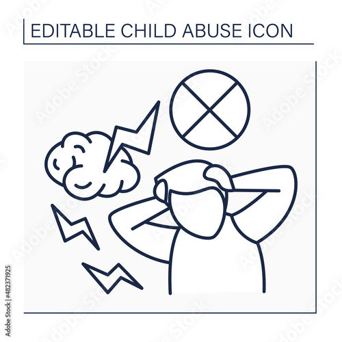 Mental traumas line icon.Mental disorders. Headache, anxiety, bipolar disorder. Child abuse concept. Isolated vector illustration. Editable stroke