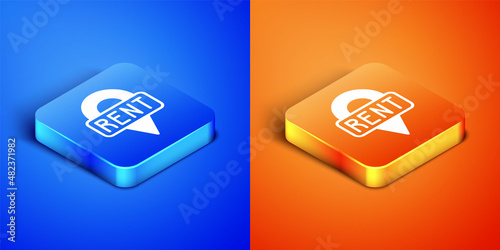Isometric Location key icon isolated on blue and orange background. The concept of the house turnkey. Square button. Vector