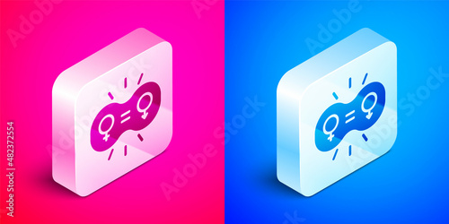 Isometric Gender equality icon isolated on pink and blue background. Equal pay and opportunity business concept. Silver square button. Vector