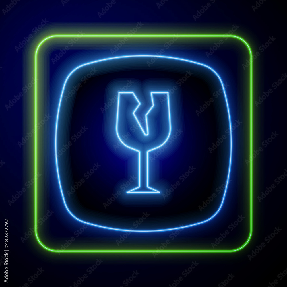 Glowing neon Fragile broken glass symbol for delivery boxes icon isolated on blue background. Vector Glowing neon Fragile broken glass symbol for delivery boxes icon isolated on blue background. Vector