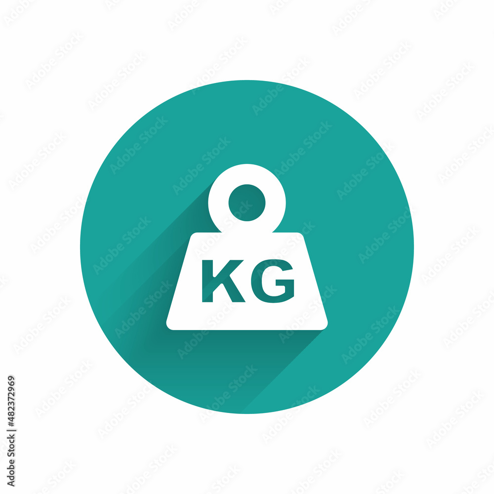 White Weight icon isolated with long shadow background. Kilogram weight block for weight lifting and scale. Mass symbol. Green circle button. Vector White Weight icon isolated with long shadow background. Kilogram weight block for weight lifting and scale. Mass symbol. Green circle button. Vector
