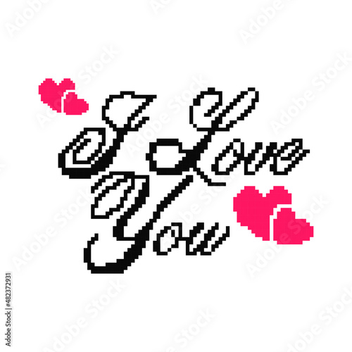Pixel Style I Love You Message With Pink Hearts On White Background.