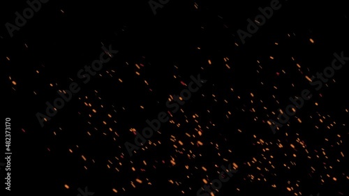 Glowing flying ember, burning ash particles. Hot fire sparks isolated. 4K animation of flying coals from the flame.