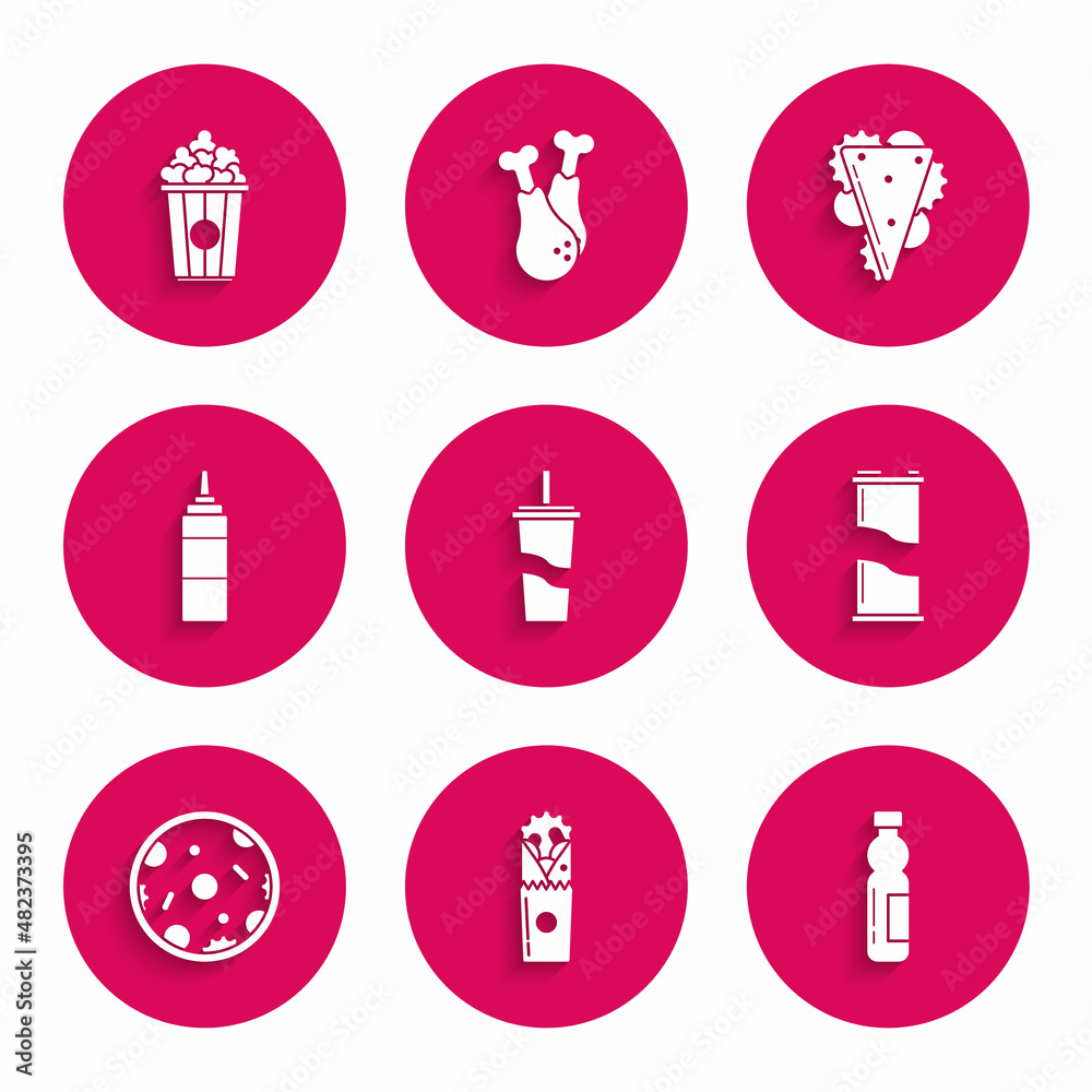 Set Paper glass with drinking straw and water, Doner kebab, Bottle of, Soda can, Pizza, Sauce bottle, Sandwich and Popcorn cardboard box icon. Vector Set Paper glass with drinking straw and water, Doner kebab, Bottle of, Soda can, Pizza, Sauce bottle, Sandwich and Popcorn cardboard box icon. Vector