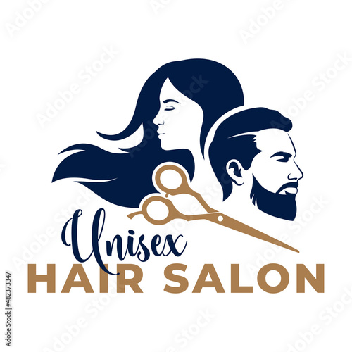 Icon man, woman, and scissors. Unisex hair salon logotype. photo