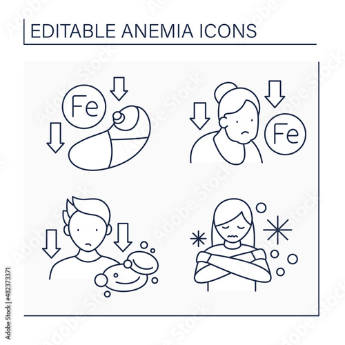 Anemia line icons set. Lack of iron in baby born, adult woman organisms. Low body temperature and hemoglobin. Health protection concept. Isolated vector illustrations. Editable stroke