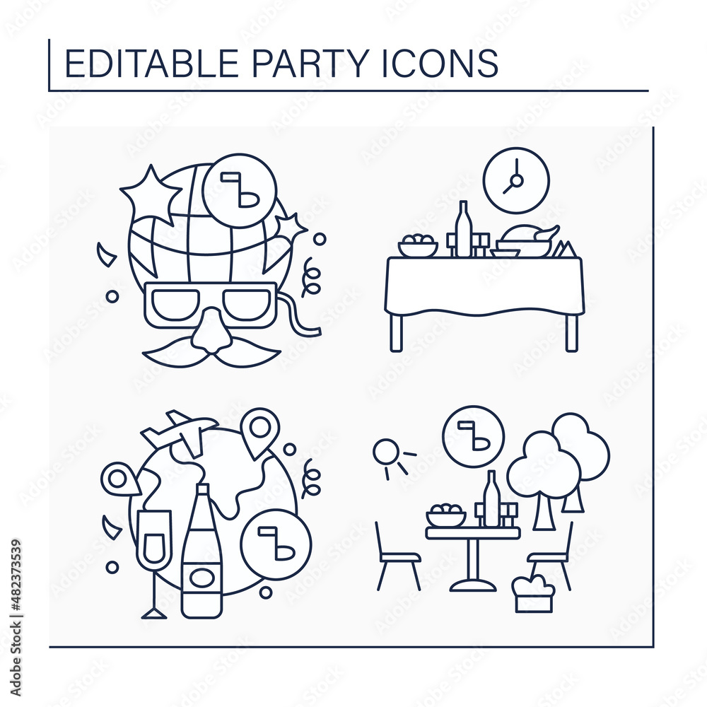Parties line icons set. Fancy dress and farewell party, dinner and garden festivals, Celebration of special occasions. Celebrating concept. Isolated vector illustration. Editable stroke Parties line icons set. Fancy dress and farewell party, dinner and garden festivals, Celebration of special occasions. Celebrating concept. Isolated vector illustration. Editable stroke