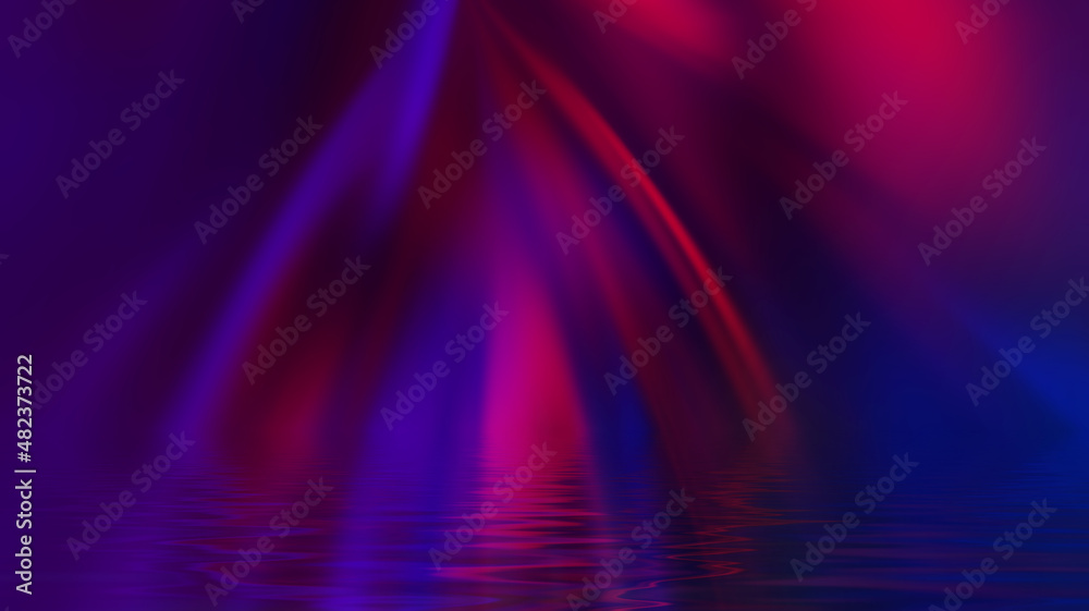 Neon abstract rays of light on a dark background. Light effect, laser show, reflection on the water surface. Ultraviolet radiation, night club, beach party. 3d illustration Neon abstract rays of light on a dark background. Light effect, laser show, reflection on the water surface. Ultraviolet radiation, night club, beach party. 3d illustration