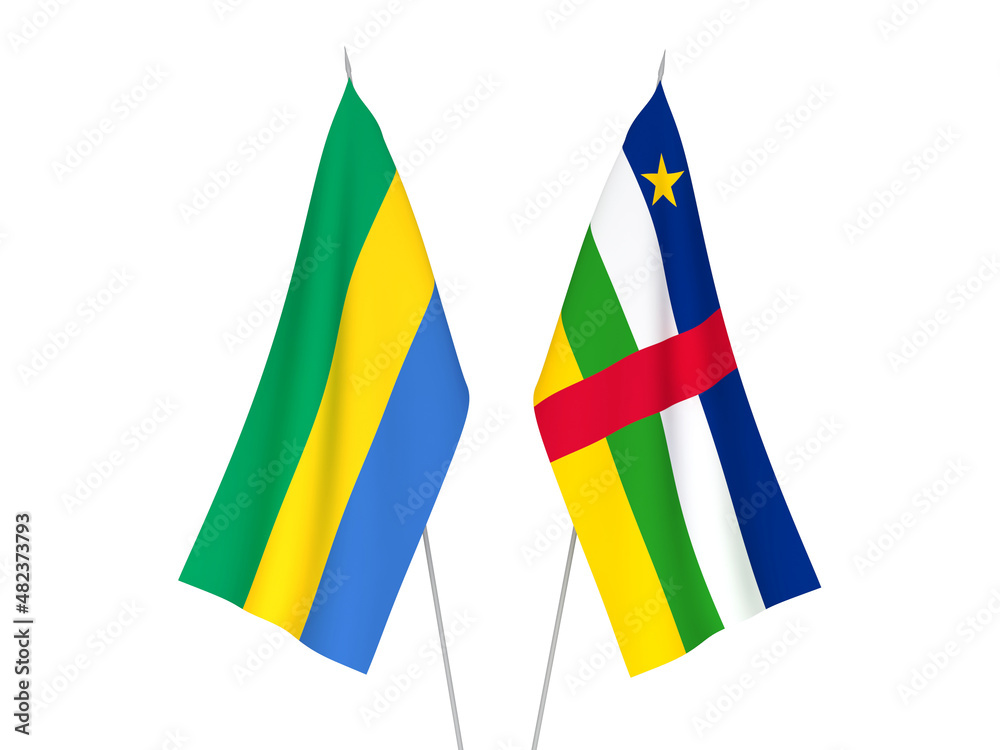 National fabric flags of Gabon and Central African Republic isolated on white background. 3d rendering illustration.