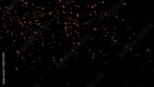 Glowing flying ember, burning ash particles. Hot fire sparks isolated. 4K animation of flying coals from the flame.