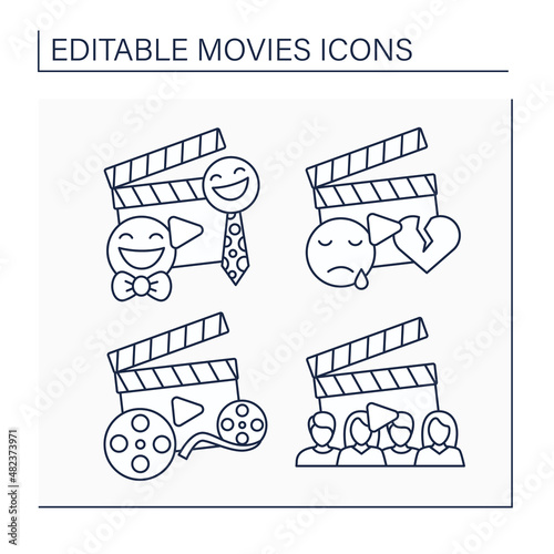 Movies line icons set. Comedy, drama and documentary movies, cast. Entertainment concept. Isolated vector illustrations. Editable stroke