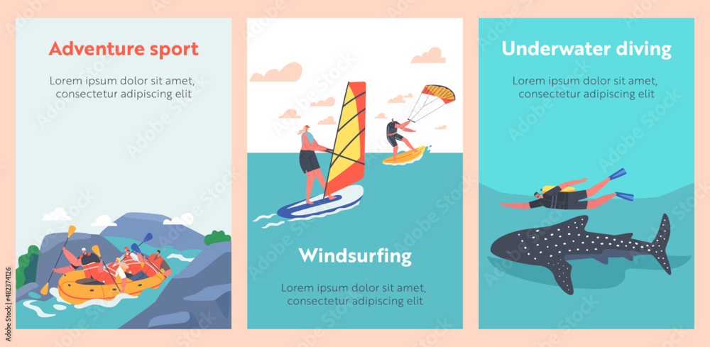 People Extreme Summer Water Sports Activity Cartoon Banners. Windsurfing, Fly Board, Jet Ski and Diving with Shark