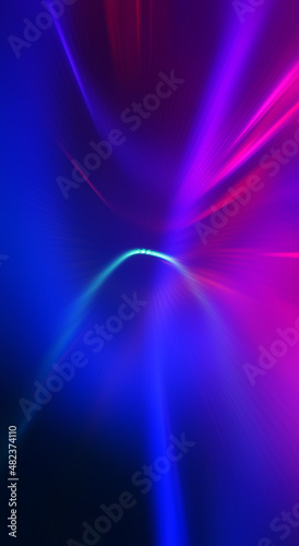 Dark abstract futuristic background with ultraviolet neon glow. Laser neon lines, waves, particle explosion