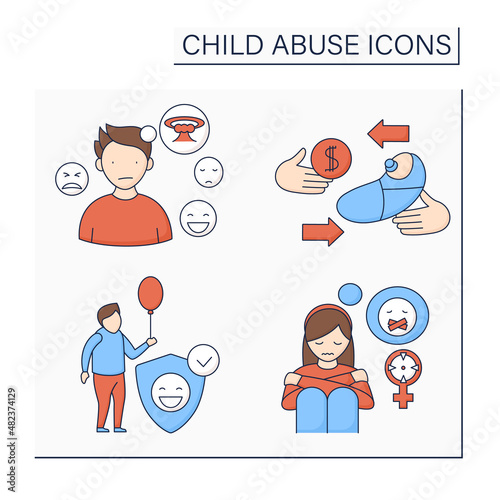 Child abuse color icons set. Sexual abuse, kid trafficking, protective services, emotionality. Crime concept. Isolated vector illustrations