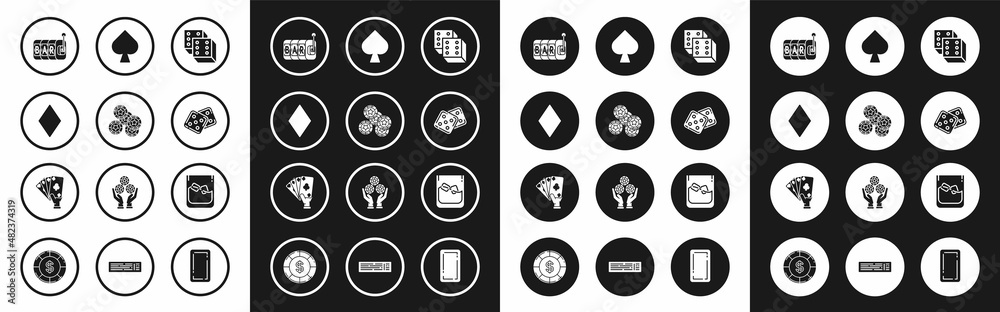 Set Game dice, Casino chips, Playing card with diamonds symbol, Slot machine, spades, Glass of whiskey and cubes and Hand holding playing cards icon. Vector Set Game dice, Casino chips, Playing card with diamonds symbol, Slot machine, spades, Glass of whiskey and cubes and Hand holding playing cards icon. Vector