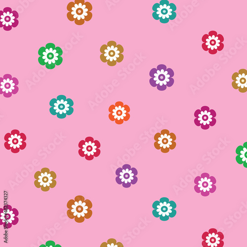 1970s groovy retro floral seamless pattern in red, orange, purple , yellow on pink background. Great for textile, fabric and fashion print 