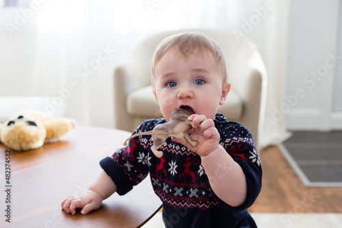 Photography Medium horizontal photo of adorable blue-eyed toddler boy in sweater looking up