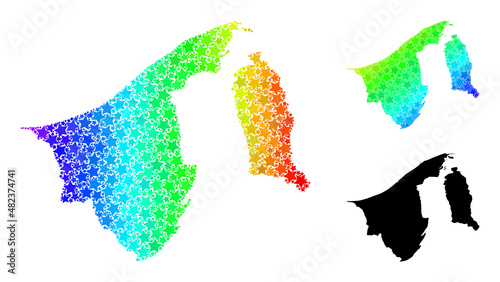 Spectral gradient starred collage map of Brunei. Vector colorful map of Brunei with spectral gradients. Mosaic map of Brunei collage is done with random colorful star elements.