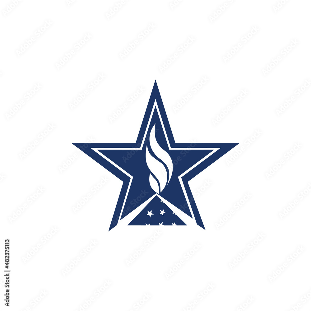 Fototapeta premium Burning torch against the background of star. Design of the Memorial Day logo. American National Celebration icon sign, symbol. Isolated vector illustration element.