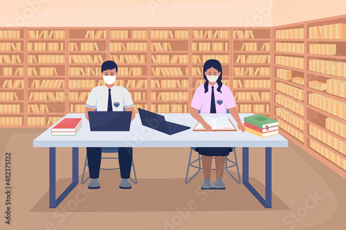 Students in library flat color vector illustration. Boy and girl learning for lessons. Pupils in school uniforms studying after classes 2D cartoon characters with bookcases row on background