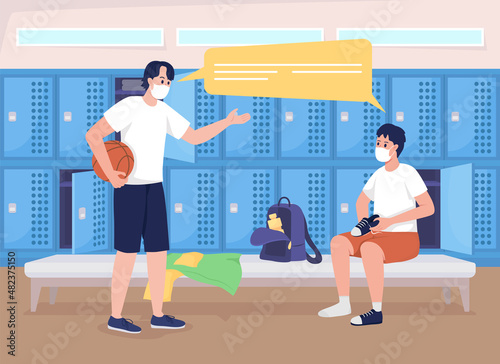 Boys changing for gym flat color vector illustration. Athletes speaking before P.E. lesson. Students in physical class uniforms talking 2D cartoon characters with lockers row on background