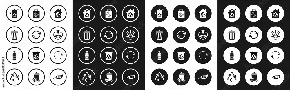 Set Eco House with recycling symbol, Refresh, Trash can, Tag recycle, Wind turbine, Paper shopping bag, Electric plug and Bottle of water icon. Vector