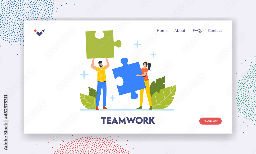 Teamwork Landing Page Template. Office People Work Together Setting Up Colorful Separated Puzzle Pieces, Cooperation Teamwork Landing Page Template. Office People Work Together Setting Up Colorful Separated Puzzle Pieces, Cooperation