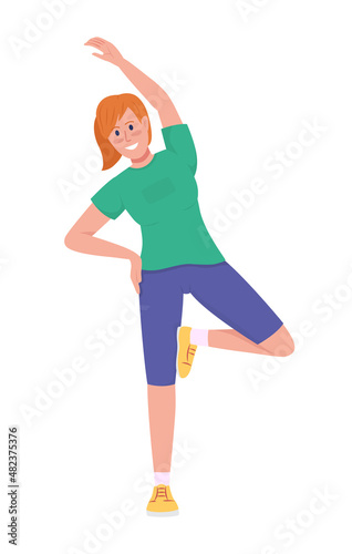 Happy girl stretching semi flat color vector character. Dynamic figure. Full body person on white. Sports class isolated modern cartoon style illustration for graphic design and animation