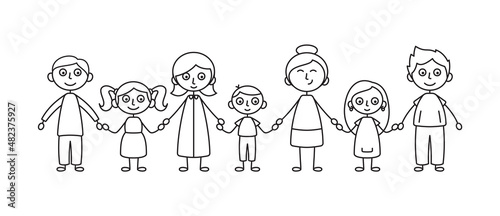 Vector simple black line drawing of children holding hands. Isolated on white background.