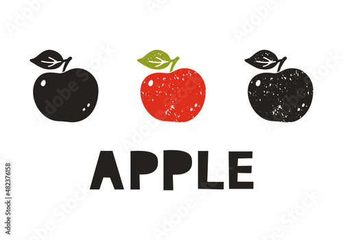 Apple, silhouette icons set with lettering. Imitation of stamp, print with scuffs. Simple black shape and color vector illustration. Hand drawn isolated elements on white background