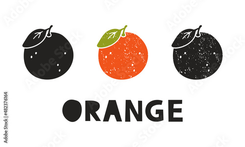 Orange, silhouette icons set with lettering. Imitation of stamp, print with scuffs. Simple black shape and color vector illustration. Hand drawn isolated elements on white background