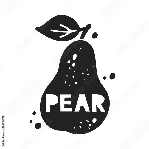 Pear grunge sticker. Black texture silhouette with lettering inside. Imitation of stamp, print with scuffs. Hand drawn isolated illustration on white background