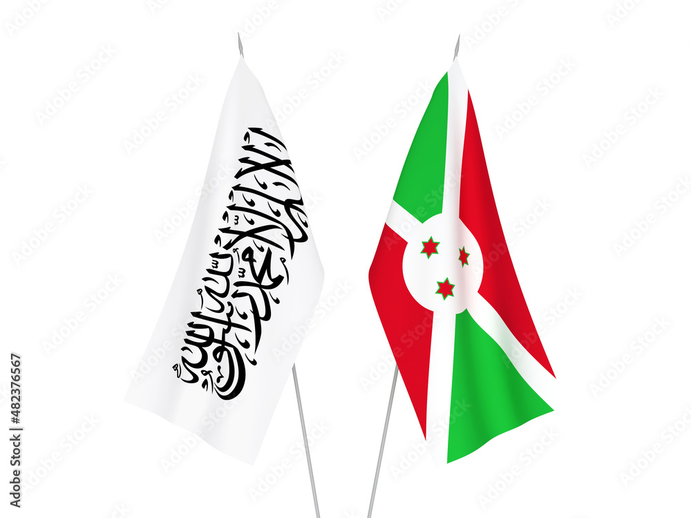 National fabric flags of Taliban and Burundi isolated on white background. 3d rendering illustration. National fabric flags of Taliban and Burundi isolated on white background. 3d rendering illustration.