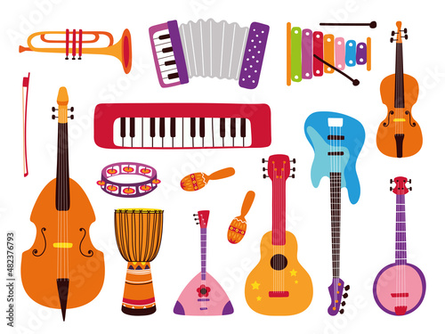 Music tools. Electronic guitar, child musical instruments. Composer objects, cartoon flat kids flute, drum, violin. Orchestra stickers classy vector set