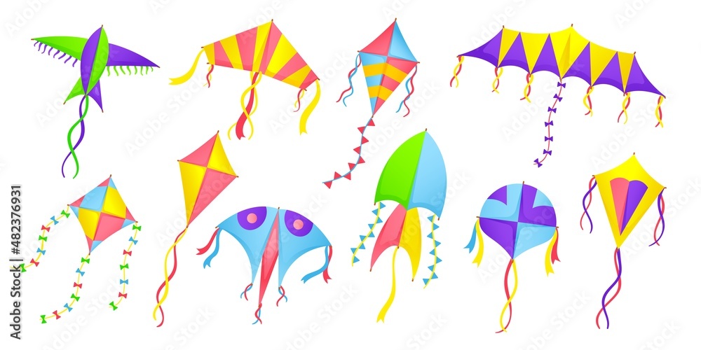 Fototapeta premium Isolated kite. Cartoon colorful kites, summer kids toys for outdoor plays. Happy wind festival elements, air flying simple objects, neat vector set