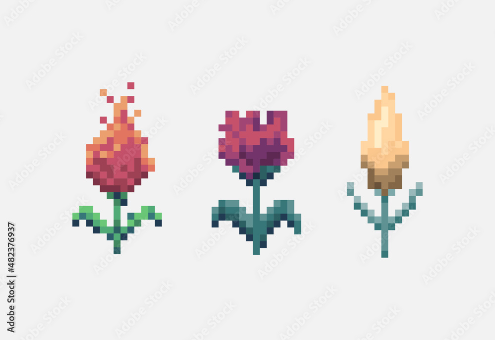 Collection of different flower icons in pixel art style