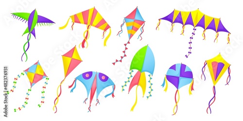 Isolated kite. Cartoon colorful kites  summer kids toys for outdoor plays. Happy wind festival elements  air flying simple objects  neat vector set